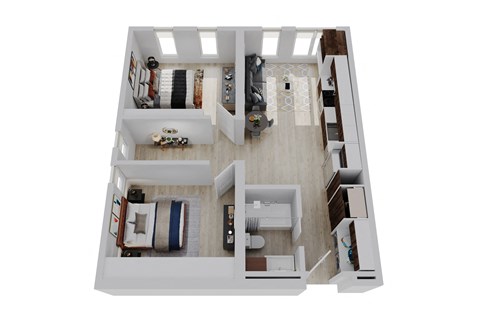 a 3d floor plan of a bedroom with a bathroom and living room